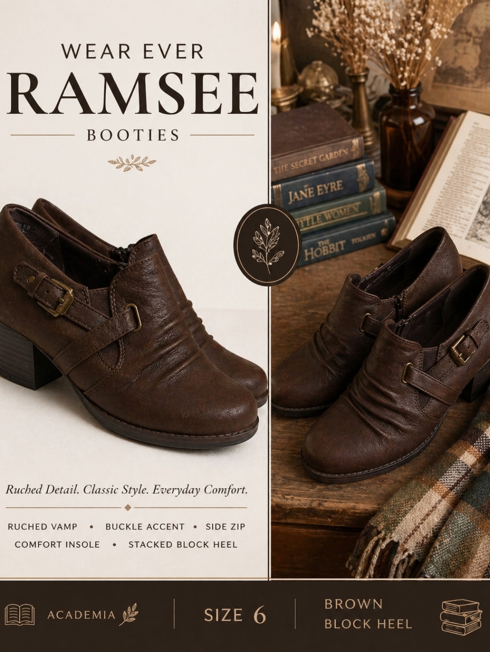 Wear Ever Ramsee Brown Ruched Buckle Booties Size 6 Block Heel